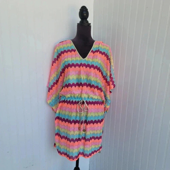 Luli Fama Cabana V-Neck Swim Cover-Up Dress Zig Zag Stripe Nylon Drawstring Sz L - Picture 1 of 15